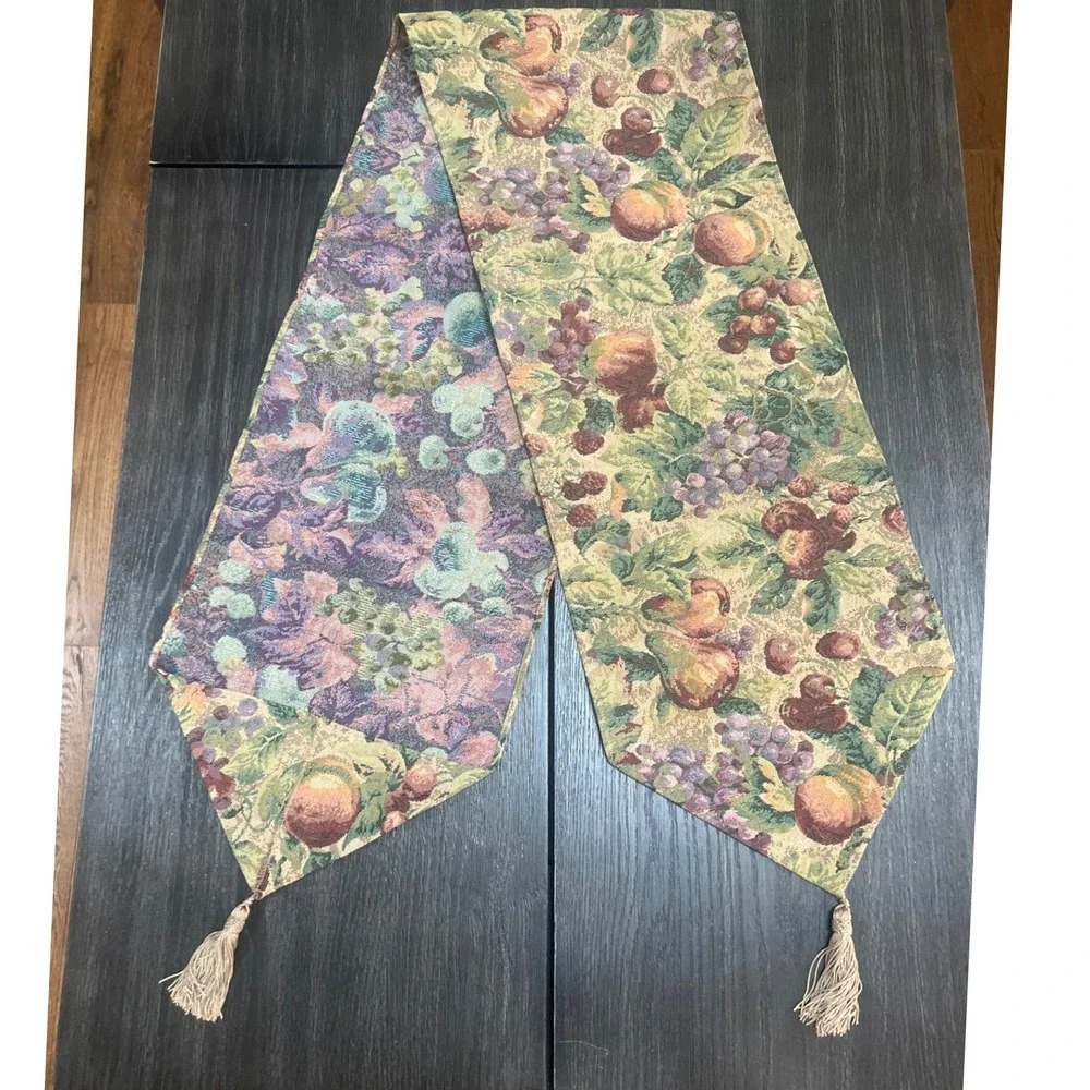 Bess Table Runner Tan  Fruit Harvest Tapestry Tassel 70.5  Cottagecore Farmhouse